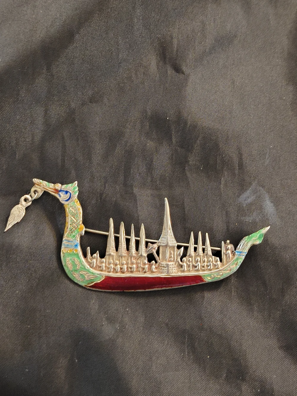Vintage Siam Sterling Silver Thai Royal Dragon Boat Enamel Brooch Pin